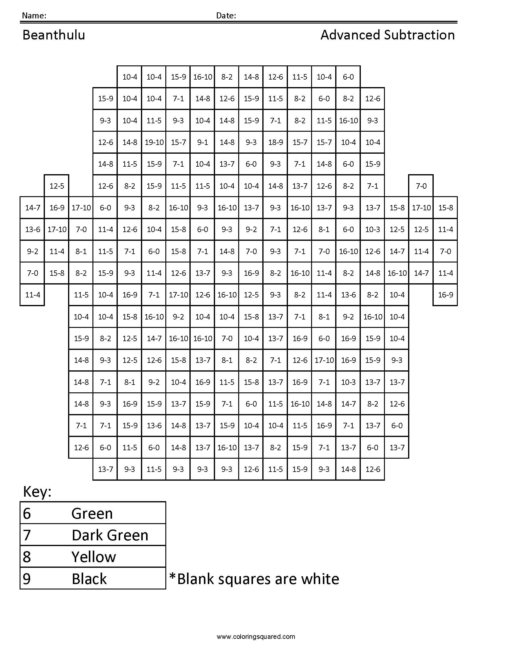 Beanthulu Subtraction Math Coloring Page worksheet