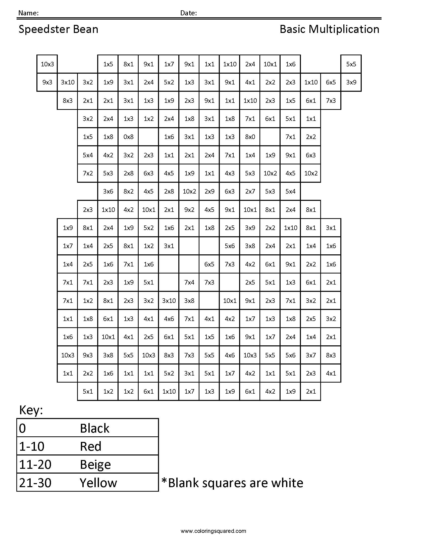 Flash Bean Multiplication Coloring Page worksheet