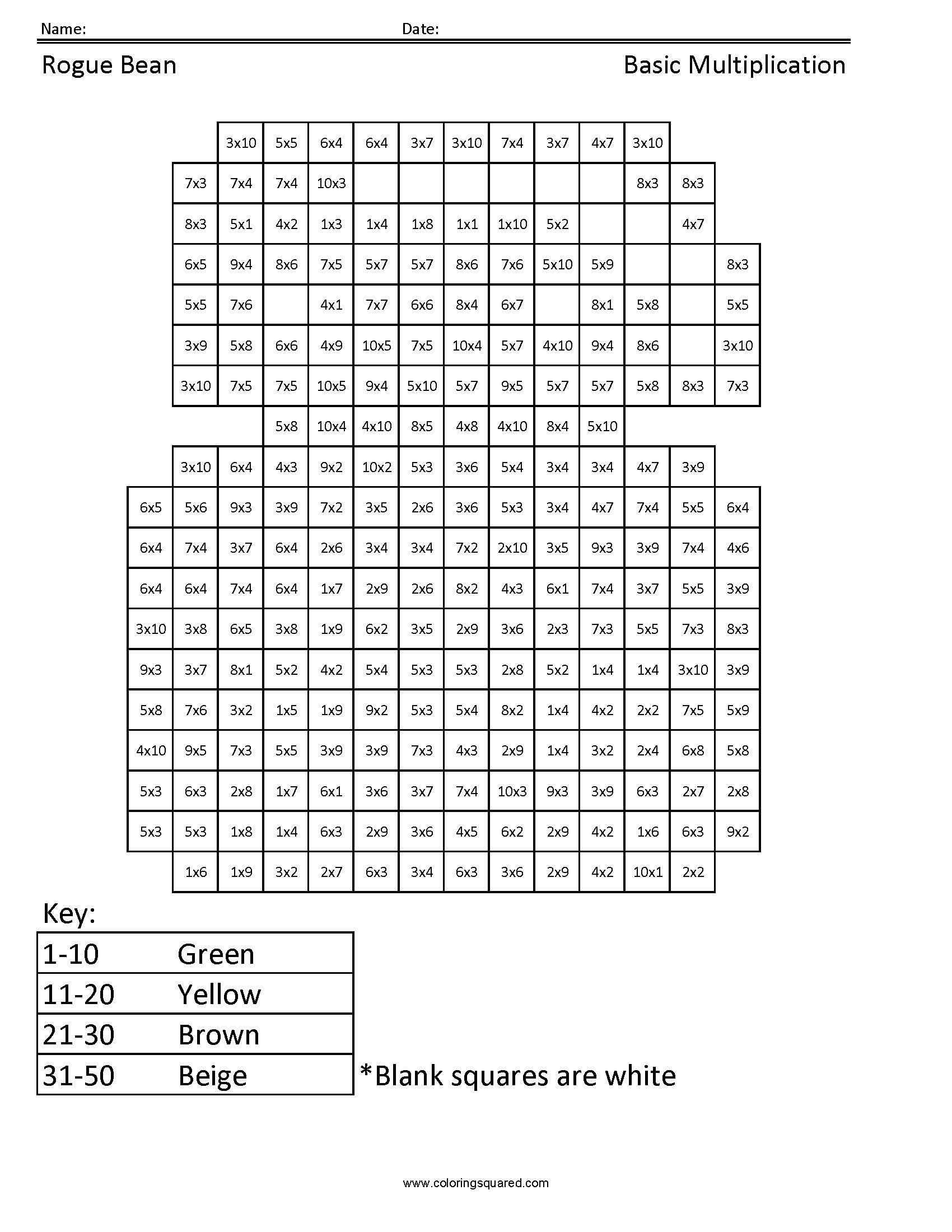 Rogue Bean Multiplication Coloring Worksheet worksheet