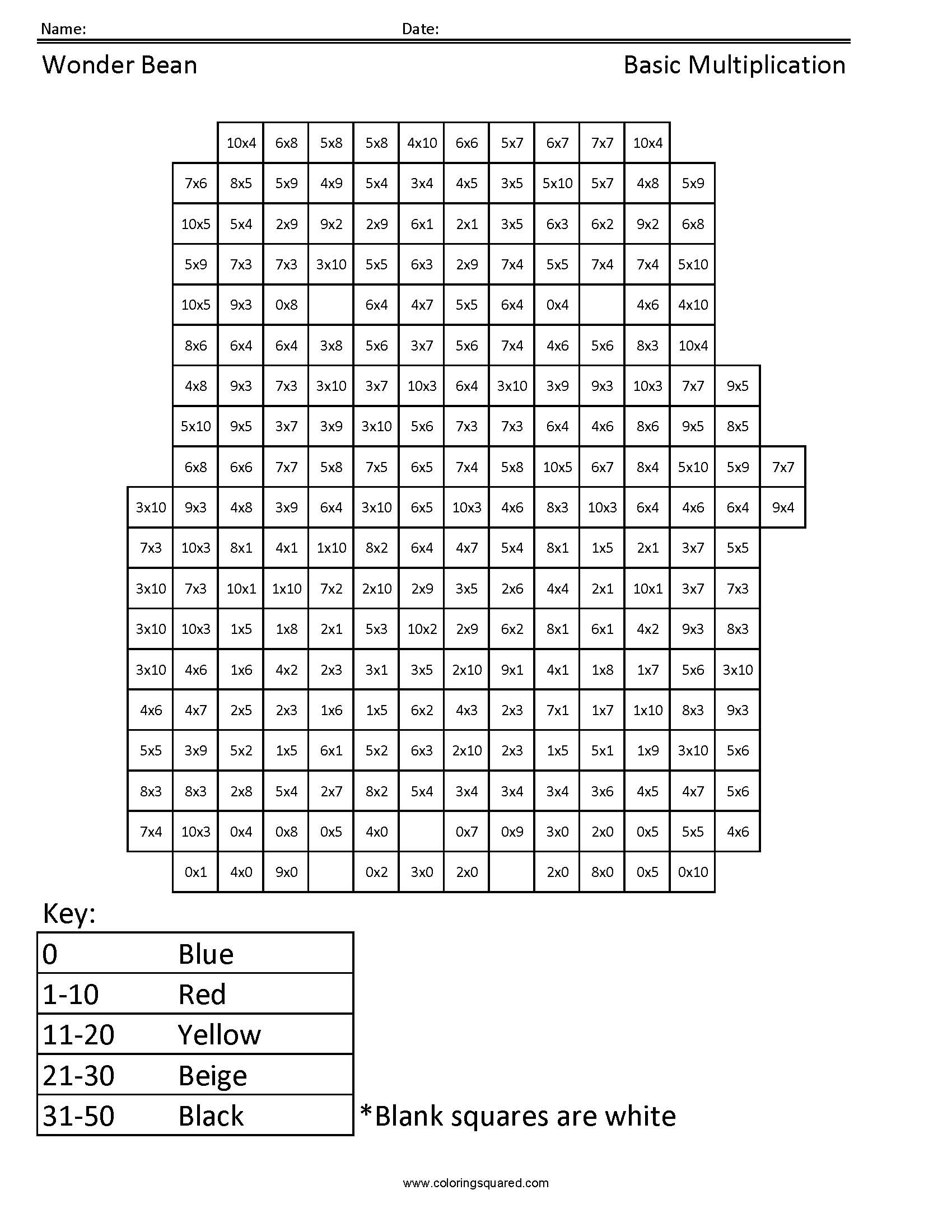 Wonderbean Multiplication Coloring Page worksheet