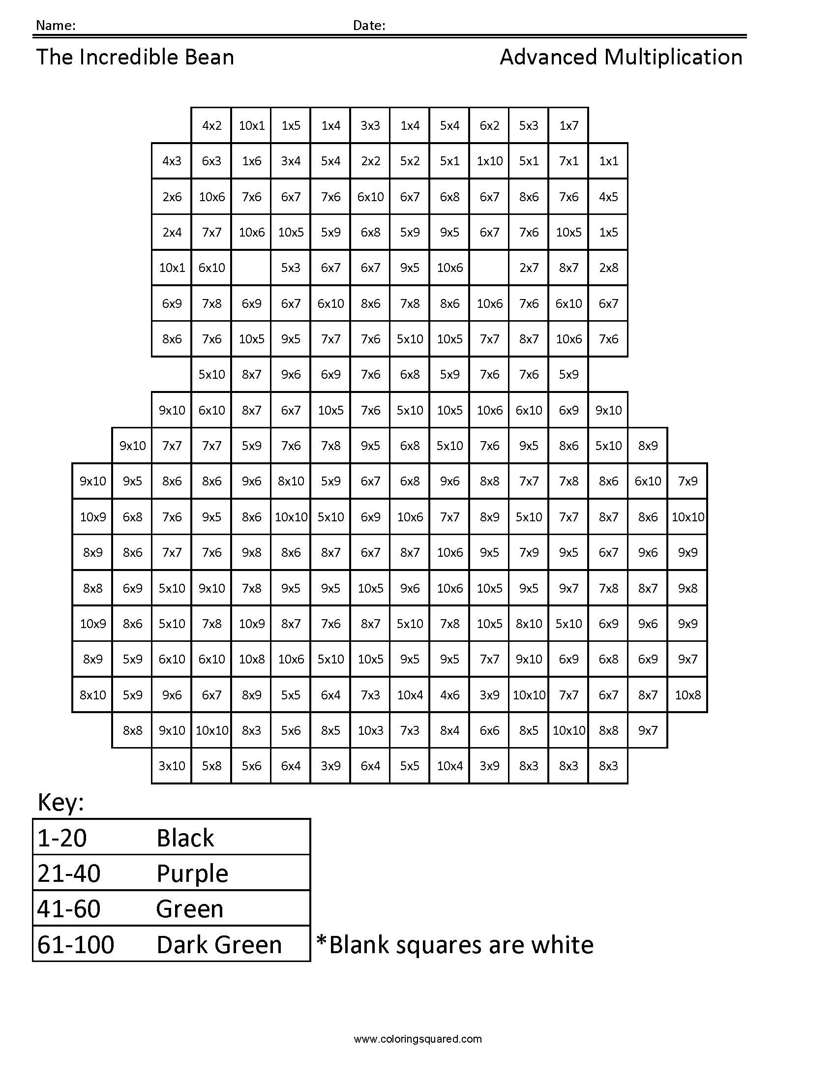 Incredible Bean Multiplication Coloring Page worksheet