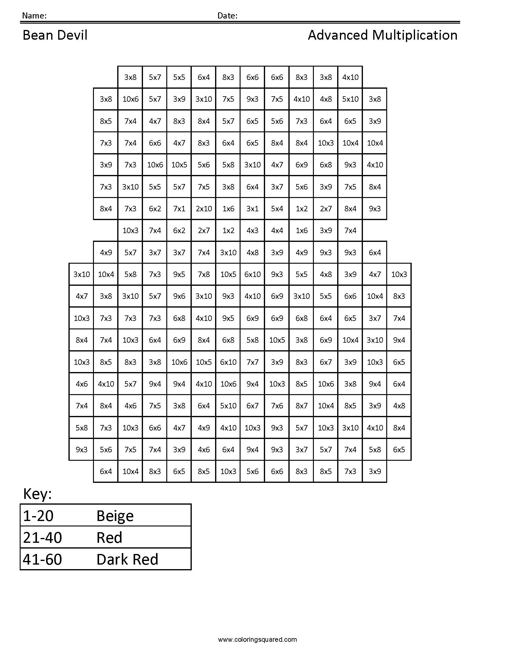 Bean Devil Multiplication Coloring Page worksheet