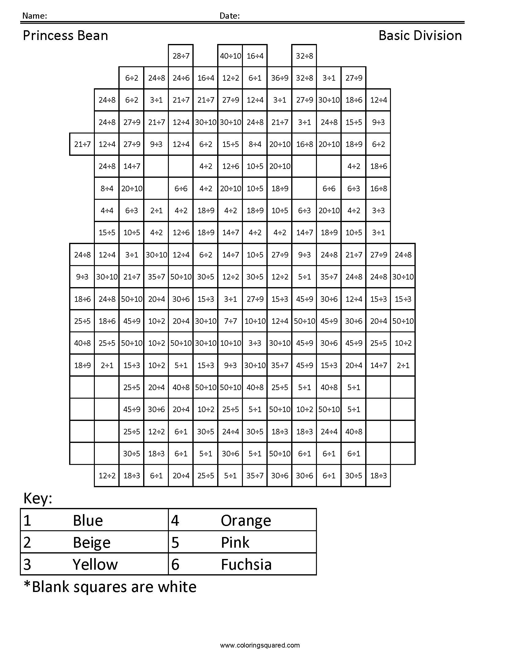 Princess Bean Division Coloring Page worksheet