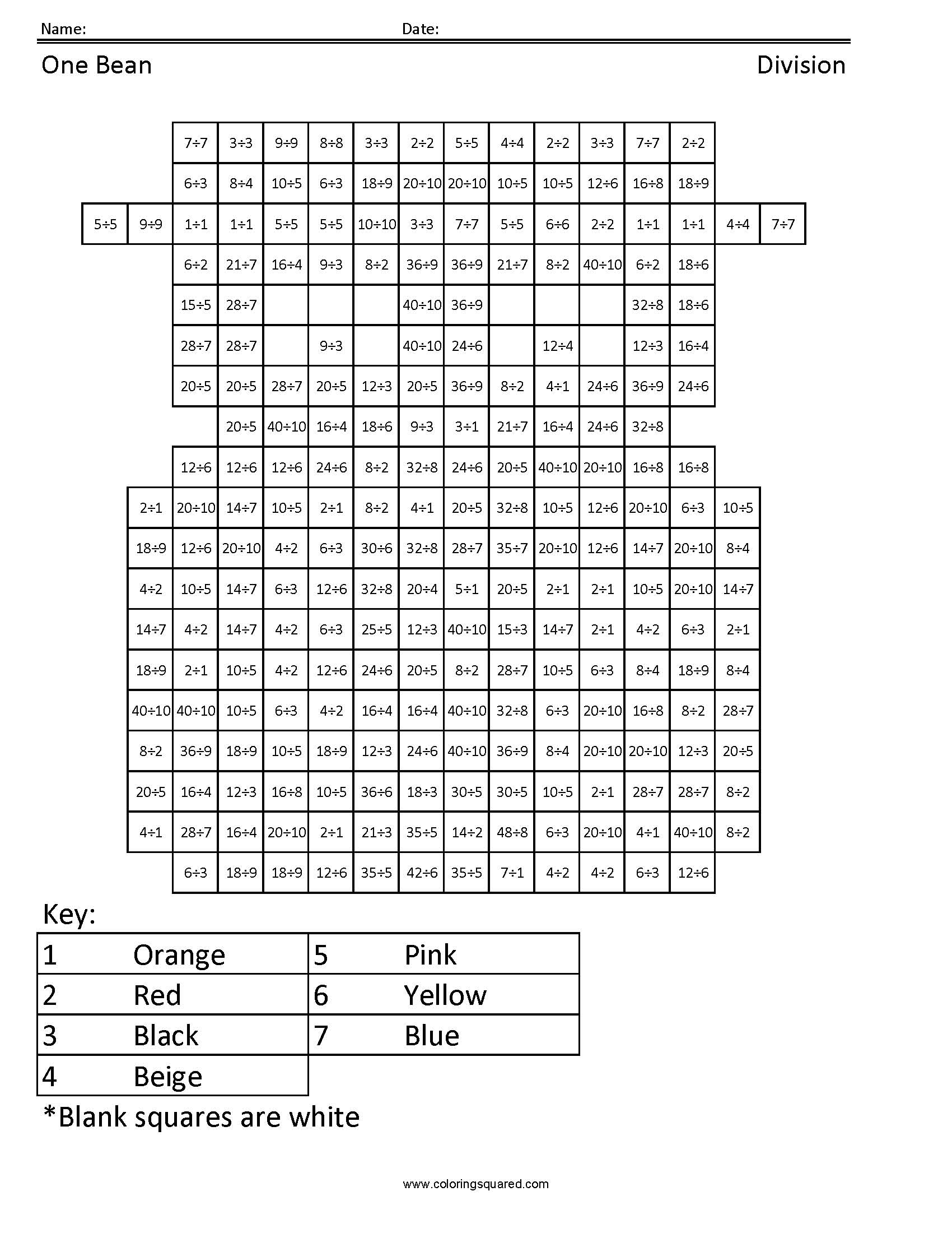 One Bean Division Coloring Page worksheet