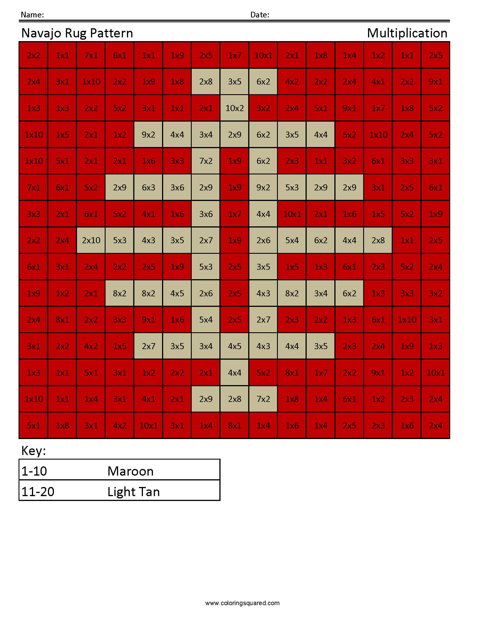 Navajo rug pattern multiplication worksheet 2