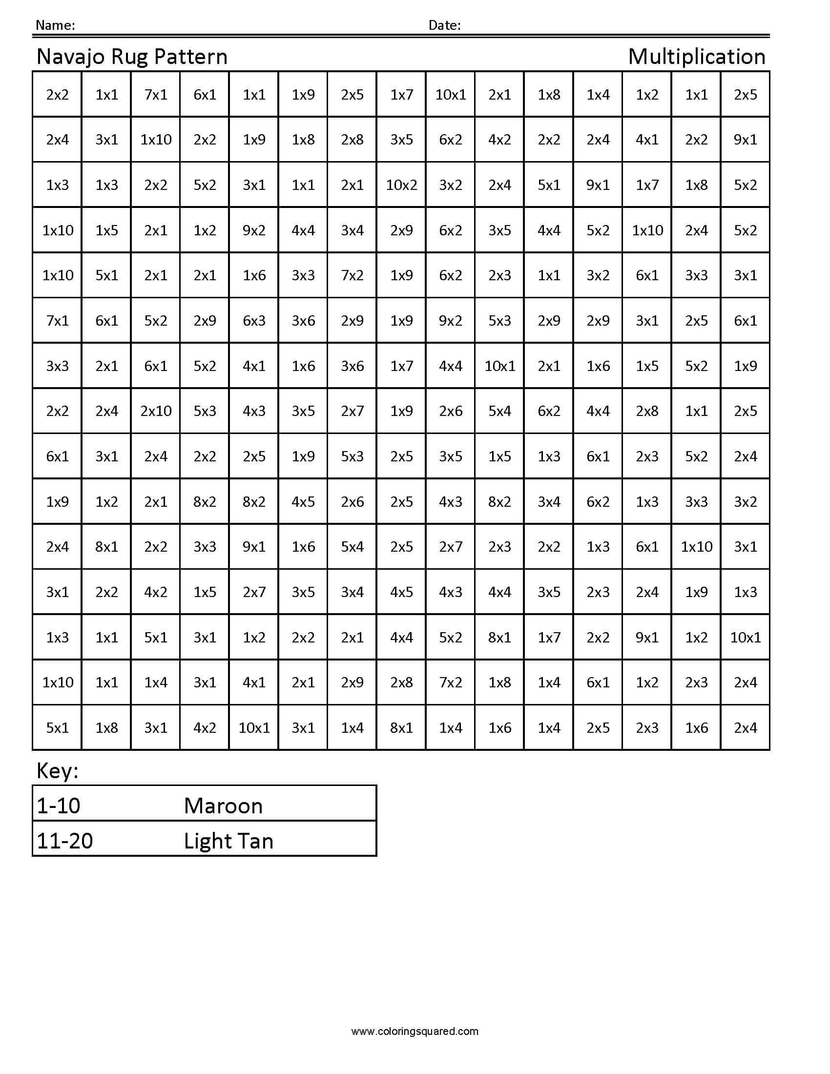 Navajo rug patterns multiplication coloring worksheet 2